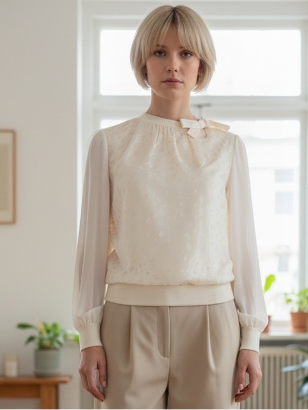 Louis Vuitton Monogram Front Cream Sheer-Sleeve Blouse with Bow Accent